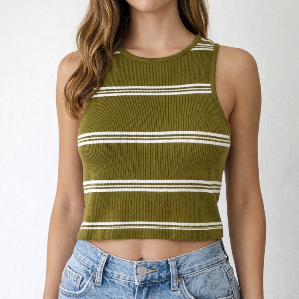 House of Harlow Green Striped Ribbed Crop Tank Small